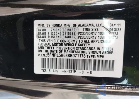 2011 Honda Odyssey Ex-L from USA, damaged, VIN 5FNRL5H68BB071178